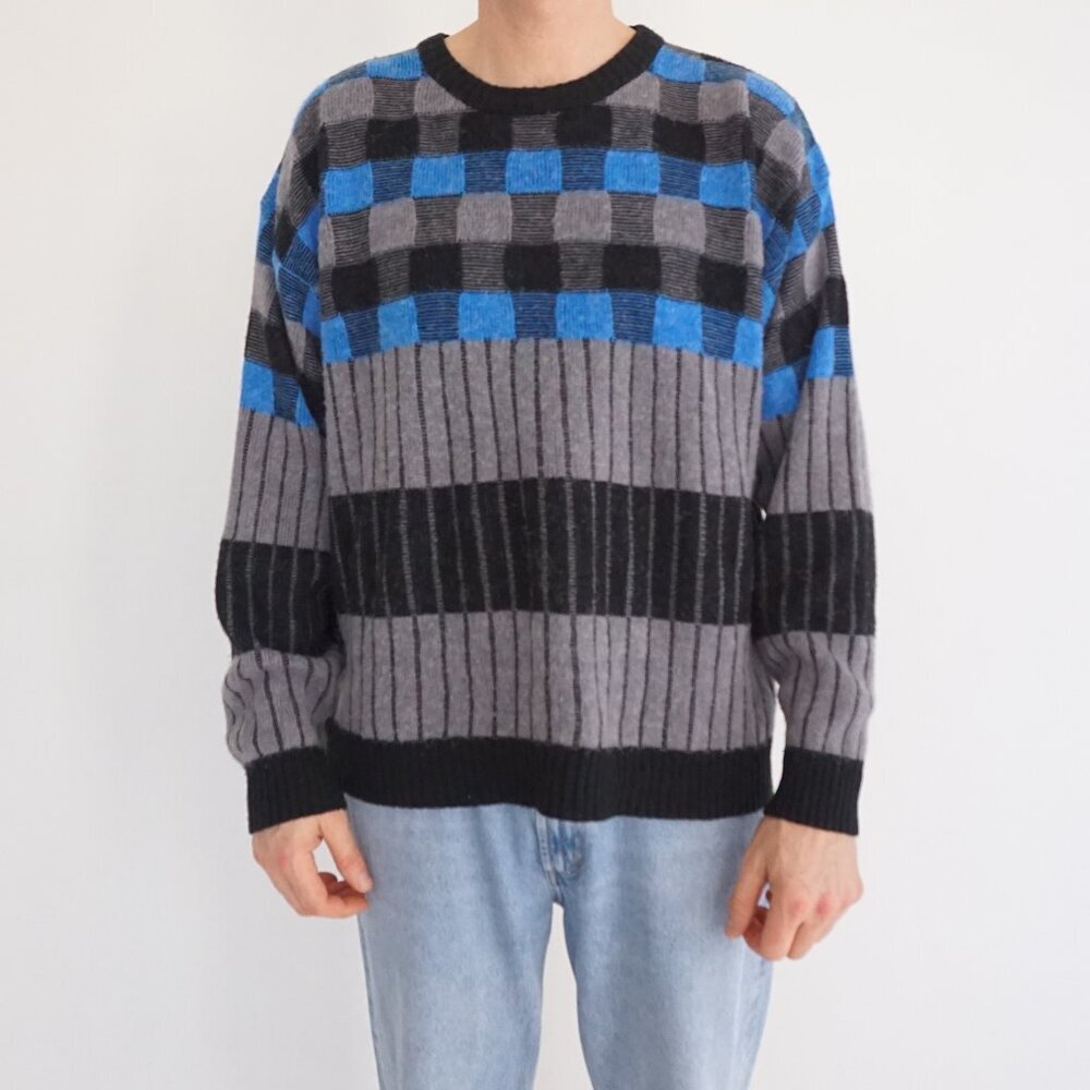 Vintage Essentials Gray Blue Black Check Striped Crewneck Knit Sweater TG XL